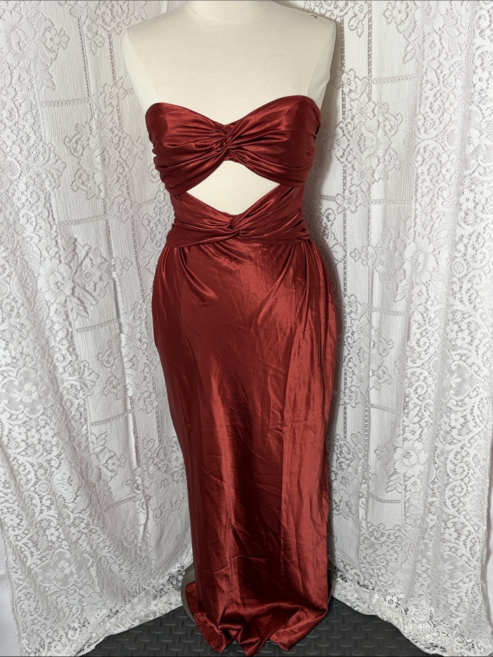 Strapless Cutout Satin Maxi Dress in Rust Red